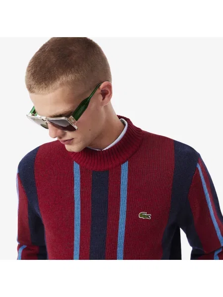 Lacoste Sweter Z Wysokim Kołnierzem W Paski czerwony