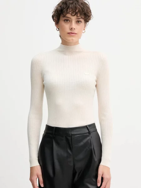 Lacoste sweter wełniany lekki z półgolfem beżowy
