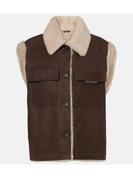 Vestă Brunello Cucinelli din piele de căprioară maro