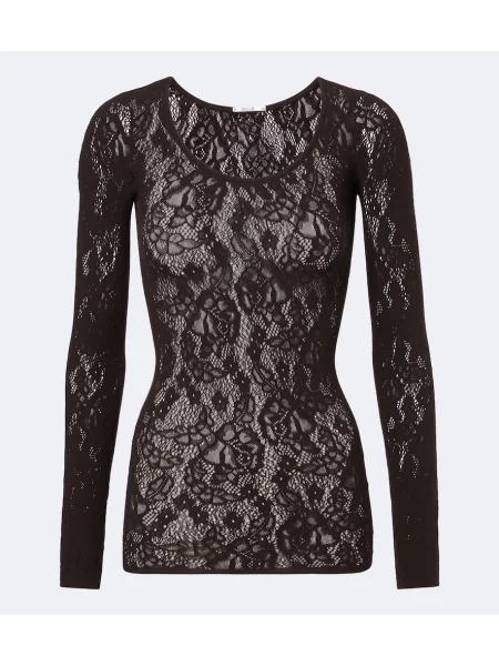 Top Wolford cu model floral din dantelă maro