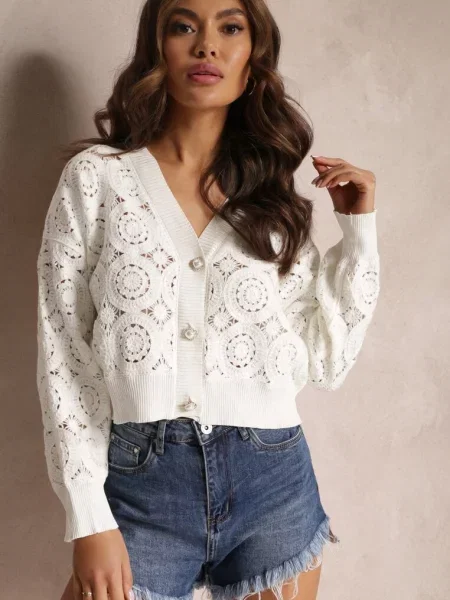 Zapinany Kardigan Ażurowy Nemolle biały