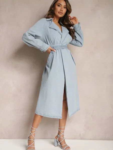 Płaszcz z Jeansu z Przetarciami i ze Sprzączką Umiorrea niebieski