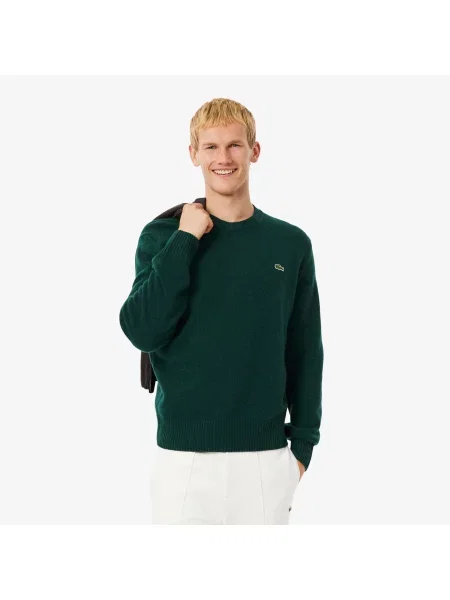 Lacoste Wełniany Sweter Z Okrągłym Kolnierzykiem zielony