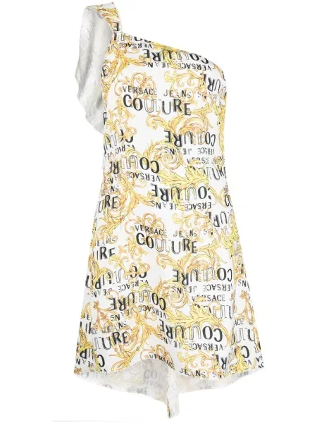 Sukienka jeansowa Versace Jeans Couture z nadrukiem na jednym ramieniu garniturowa biała