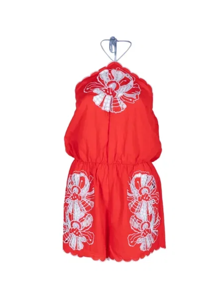 Salopetă scurtă Farm Rio cu model floral cu gât halter roșu
