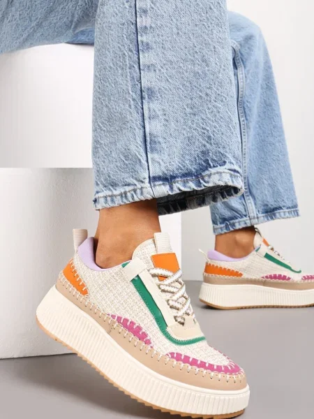 Sneakerși din Tweed pe Platformă cu Cusături Orilenes bej