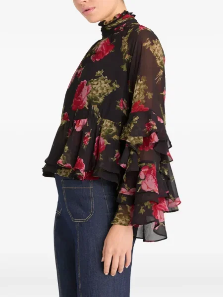 Bluzka Cinq A Sept w kwiatki z falbankami czarna