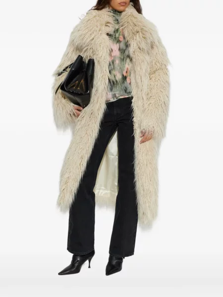 Cu centură palton de blană Off-white cu blană alb