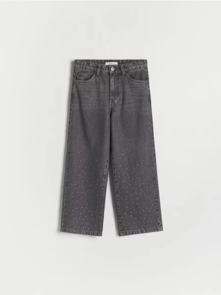 Reserved Jeansy wide leg z cyrkoniami szary
