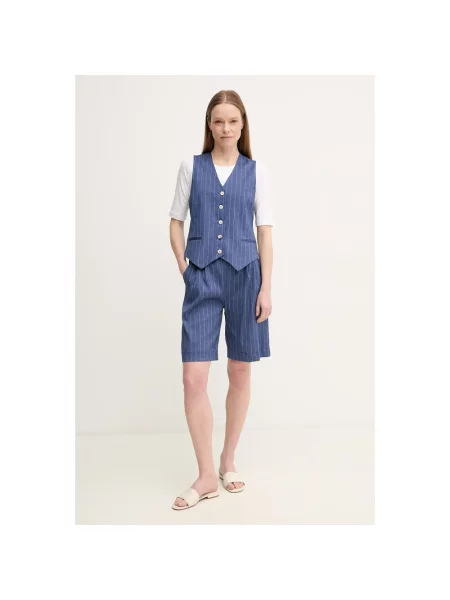 La Petite Française szorty z domieszką lnu SOLANGE granatowy wzorzyste high waist SOLANGE niebieskie