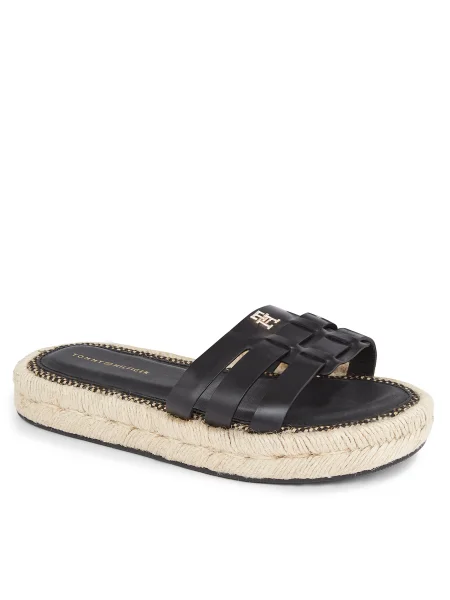 Tommy Hilfiger bőr papucs AUTHENTIC FLAT LTHR ESPADRILLE női platformos fekete