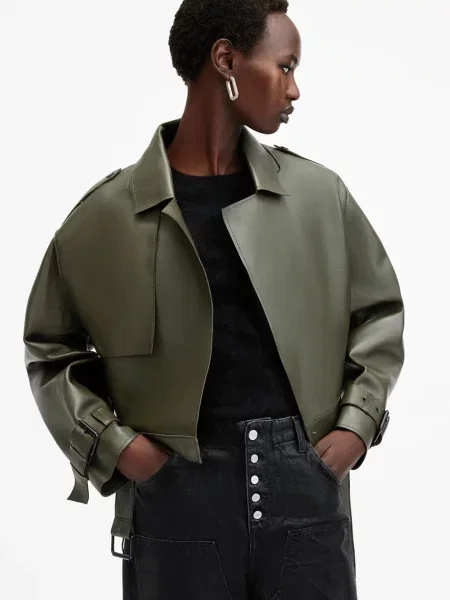 AllSaints geacă de piele OPHELIA femei de tranziție oversize verde