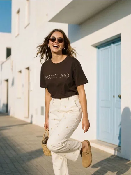 Футболка з вишитим написом "Macchiato" коричневий