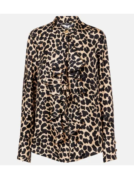 Cămașă Balmain de mătase cu imagine cu model leopard maro