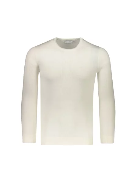 Sweter Calvin Klein wełniany klasyczny z dekoltem w kształcie litery U biały