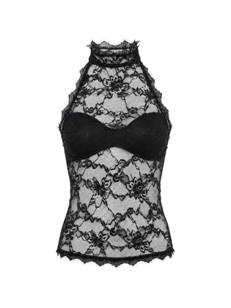 Top Ow Collection cu model floral din dantelă cu gât halter negru
