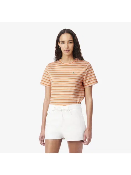 Lacoste T-Shirt Z Okrągłym Dekoltem W Paski Regular Fit pomarańczowy