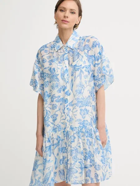 Twinset rochie de vară cu amestec de in albastru