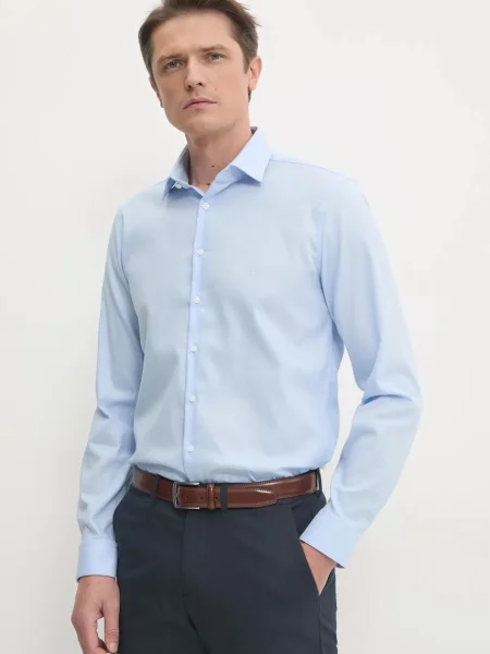 Риза Calvin Klein мъжка с кройка по тялото с класическа яка синьо
