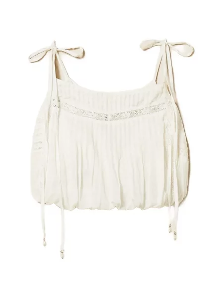 Top scurt Twinset din dantelă cu legături alb