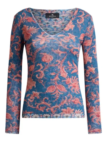 Pulover Etro cu model floral stretch albastru