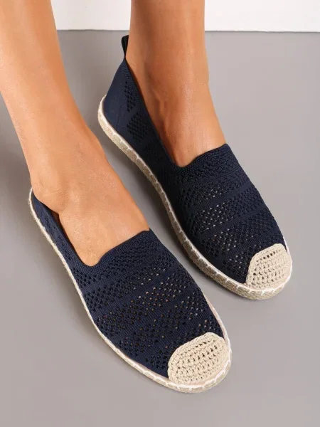 Espadrile Bleumarin Ajurate Decorate cu Impletitura pe Talpa si Bot Tarniesa