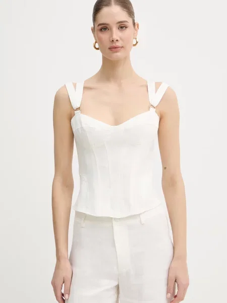 Lniany top Bardot beżowy