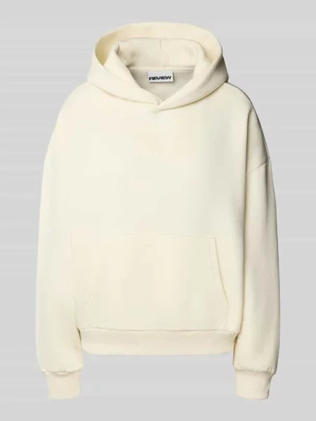 Bluza z kapturem wyhaftowanym logo i kieszenią kangurką Review biała