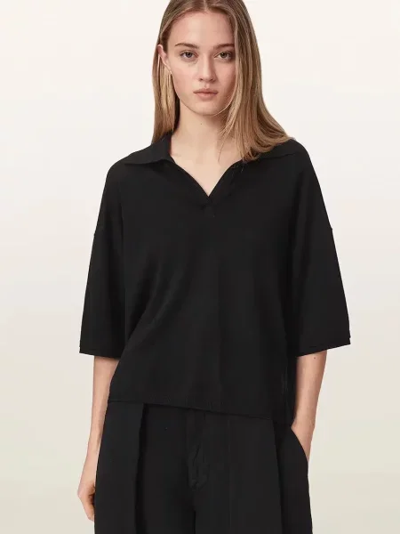 Tricou polo Allsaints de lână negru