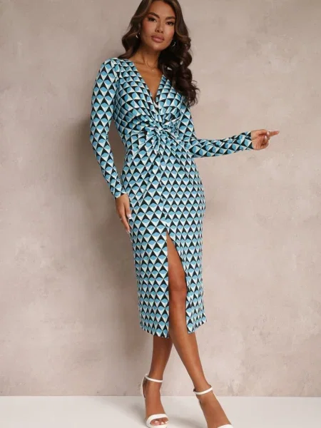Rochie Muladă cu Decolteu Petrecut și Imprimeu Geometric Nohea albastră