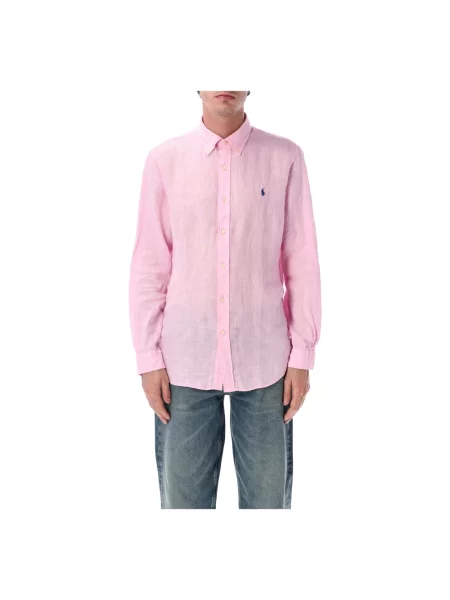 Lniana długa koszula Polo Ralph Lauren z długim rękawem różowa