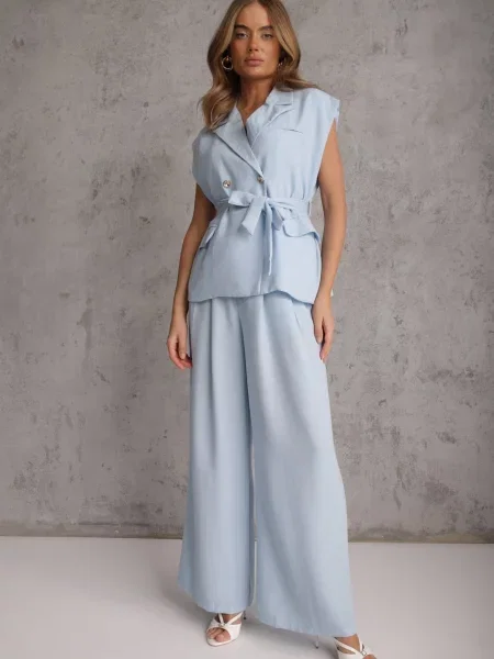 Set costum din Pantaloni Wide Leg și Vestă cu curea Elyenryl albastru