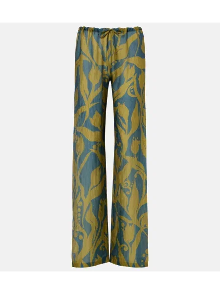 Pantaloni cu picior drept Dries Van Noten de mătase cu imagine verde