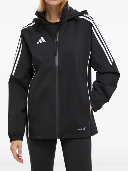 Geacă cu puf Adidas din piele de căprioară cu dungi cu glugă albastru