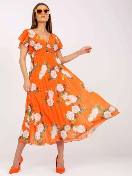Rochie midi Fashionhunters cu model floral plisată până la genunchi portocaliu