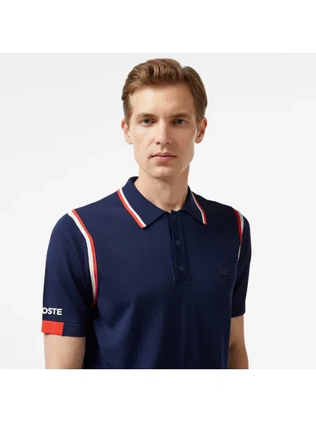 Lacoste Sweter Z Kołnierzykiem Polo Z Blokadą Koloru Regular Fit granatowy