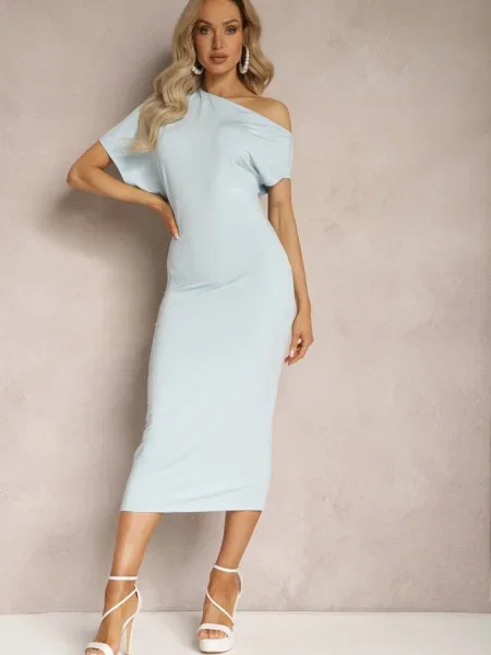 Rochie midi deschis mulată cu croi asimetric Lirevasse albastru