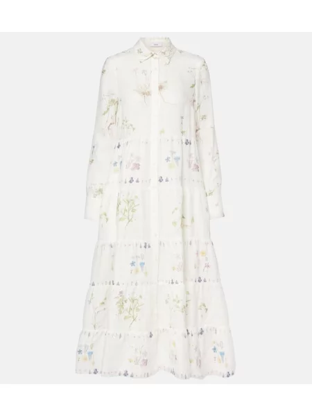 Lniana sukienka koszulowa Erdem w kwiatki z nadrukiem biała