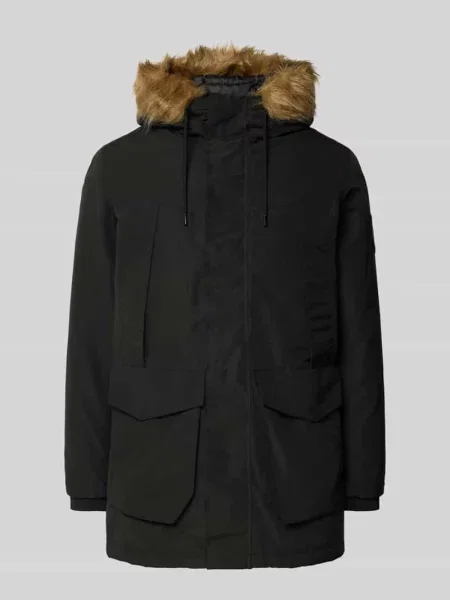 Parka z z patką i kapturem ze sztucznego futra Jack & Jones czarna