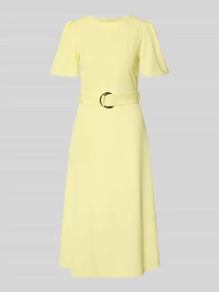 Sukienka koktajlowa z paskiem i okrągłym dekoltem Rinascimento żółta