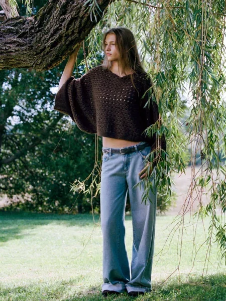 Sweter peleryna z ażurowej dzianiny Teen XS-S MANGO TEEN brązowy