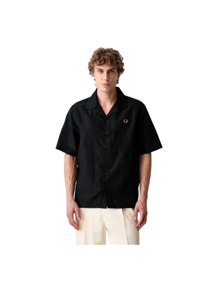 Lniana krótka koszula z krótkim rękawem Fred Perry z krótkim rękawem czarna