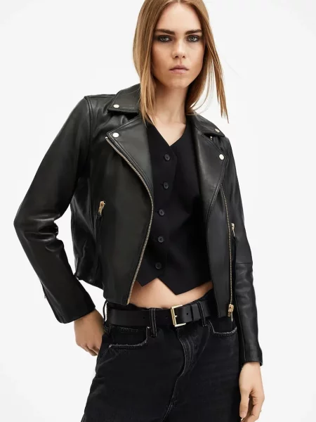 Кожено яке AllSaints DALBY преходен модел черно