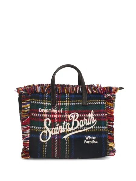 Geantă shopper Mc2 Saint Barth cu franjuri în carouri negru