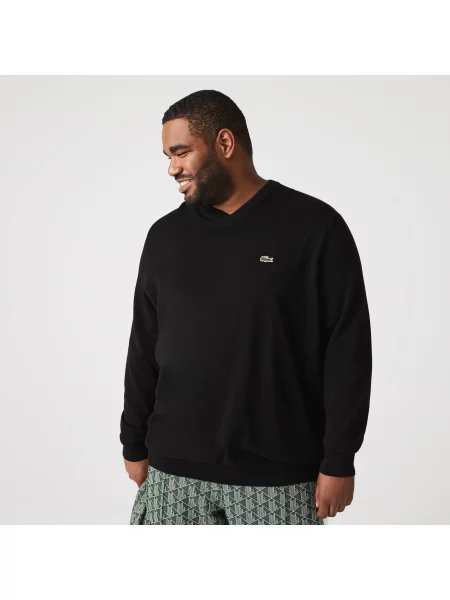 Lacoste Sweter Z Dekoltem W Serek Z Organicznej Bawełny czarny