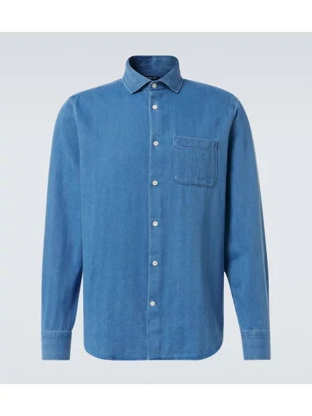 Дънкова риза Frescobol Carioca с десен рибена кост синьо