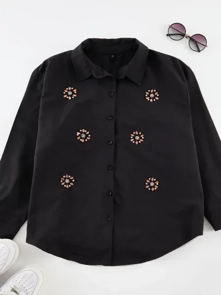 Cămașă Trendyol cu broderie din poplin negru