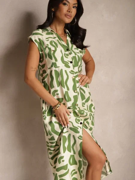 Sukienka Koszulowa z w Geometryczny Print Arathia zielona