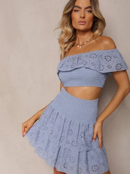Jasnoniebieski Komplet Ażurowy Top Typu Hiszpanka Spódnica z Gumką w Talii Mavima niebieska