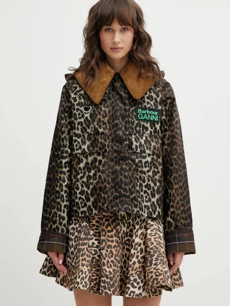 Barbour jachetă de x Ganni Printed Hooded Wax de tranzitie maro